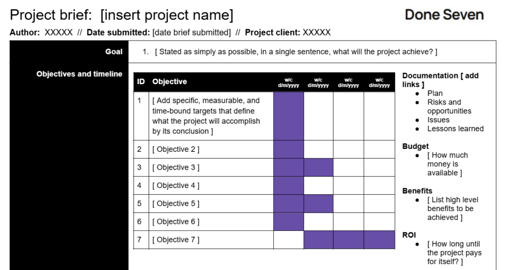Screen grab of the project brief template
